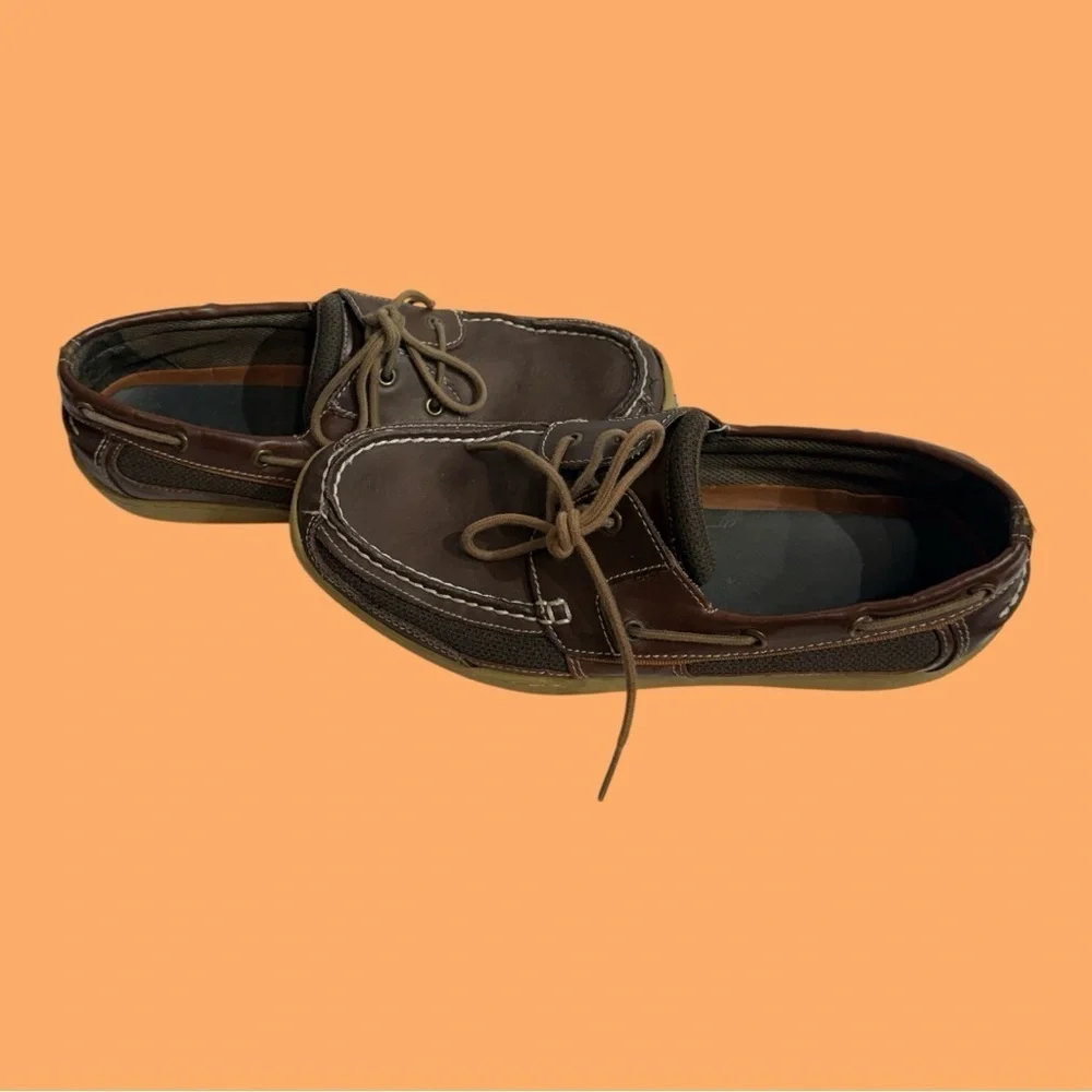 Mountrek Brown Leather Topsider-like Boat Shoes Laced with Rubber Treads 10.5